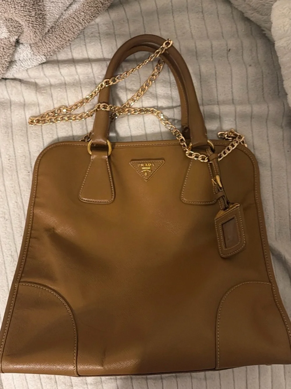 Prada Tan Leather Tote with Gold Chain Strap